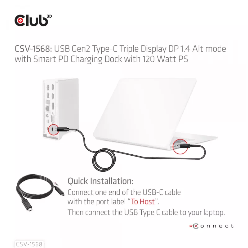 Telakointiasema CLUB3D CSV-1568 metallikotelo USB Gen2 Type-C USB Gen2 Type-A HDMI DP VGA RJ45 120W