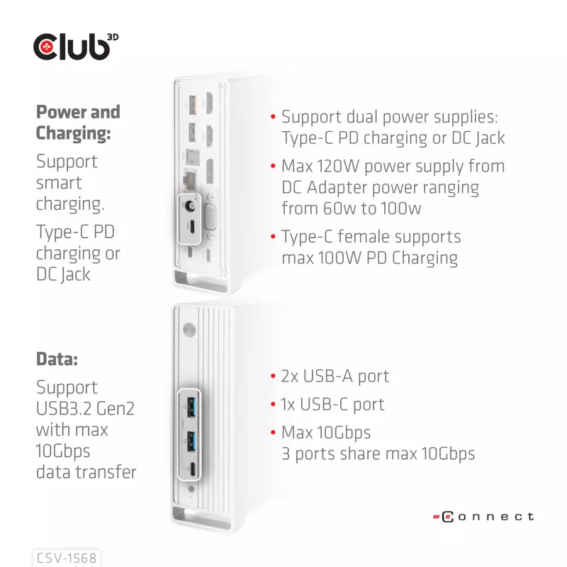 Telakointiasema CLUB3D CSV-1568 metallikotelo USB Gen2 Type-C USB Gen2 Type-A HDMI DP VGA RJ45 120W