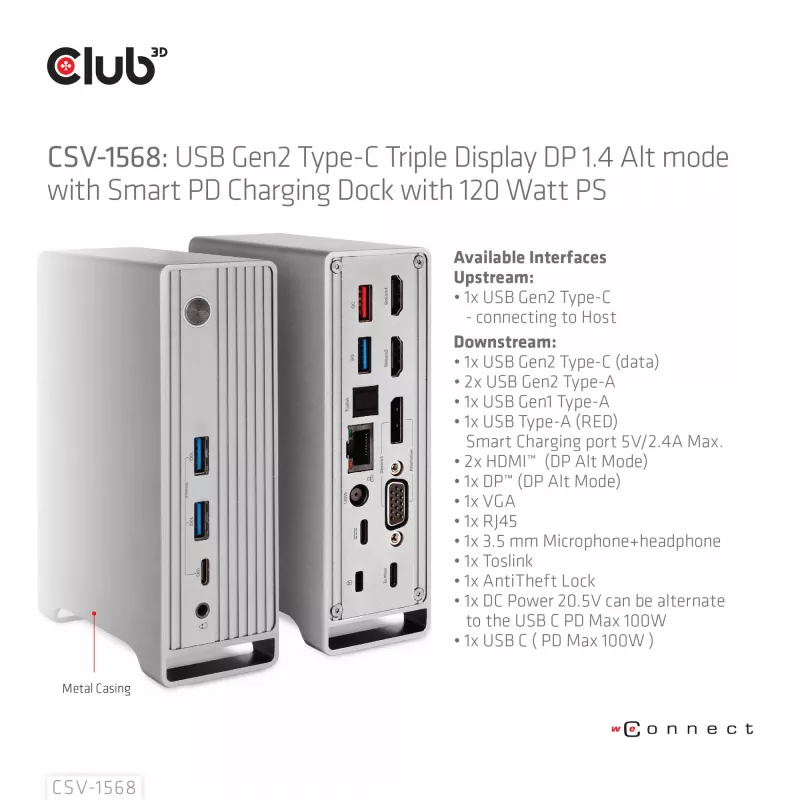 Telakointiasema CLUB3D CSV-1568 metallikotelo USB Gen2 Type-C USB Gen2 Type-A HDMI DP VGA RJ45 120W