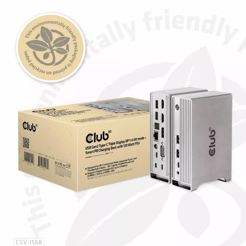 Telakointiasema CLUB3D CSV-1568 metallikotelo USB Gen2 Type-C USB Gen2 Type-A HDMI DP VGA RJ45 120W