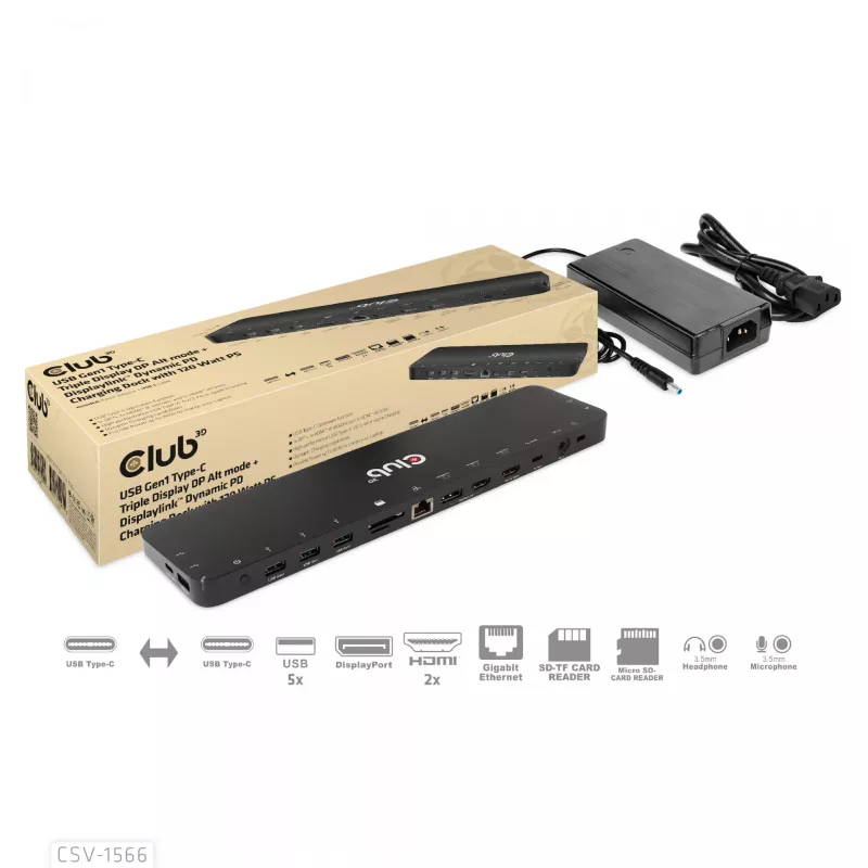 CLUB3D USB Gen1 Type-C Triple Display DP Alt Mode Displaylink Dynamic PD Charging Dock 120 watin virtalähteellä