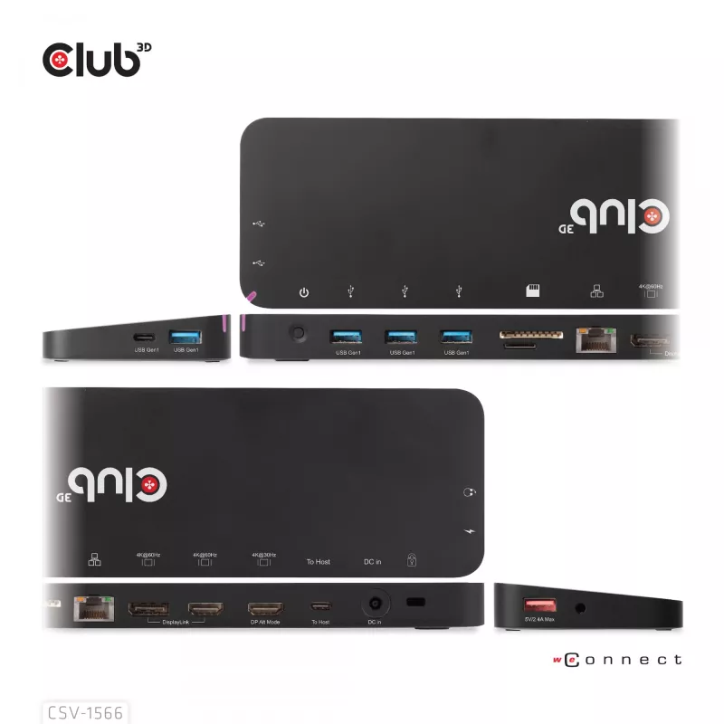 CLUB3D USB Gen1 Type-C Triple Display DP Alt Mode Displaylink Dynamic PD Charging Dock 120 watin virtalähteellä