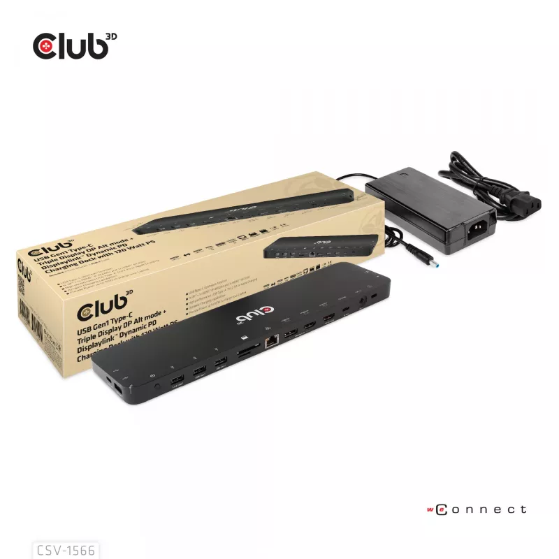 CLUB3D USB Gen1 Type-C Triple Display DP Alt Mode Displaylink Dynamic PD Charging Dock 120 watin virtalähteellä