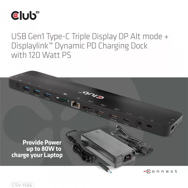 CLUB3D USB Gen1 Type-C Triple Display DP Alt Mode Displaylink Dynamic PD Charging Dock 120 watin virtalähteellä