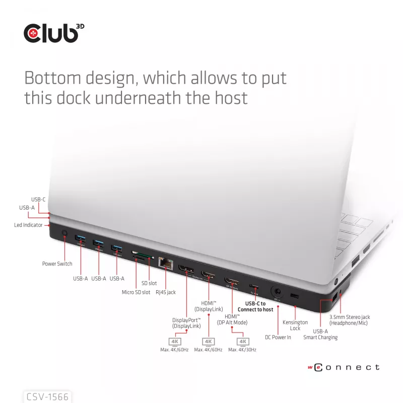 CLUB3D USB Gen1 Type-C Triple Display DP Alt Mode Displaylink Dynamic PD Charging Dock 120 watin virtalähteellä