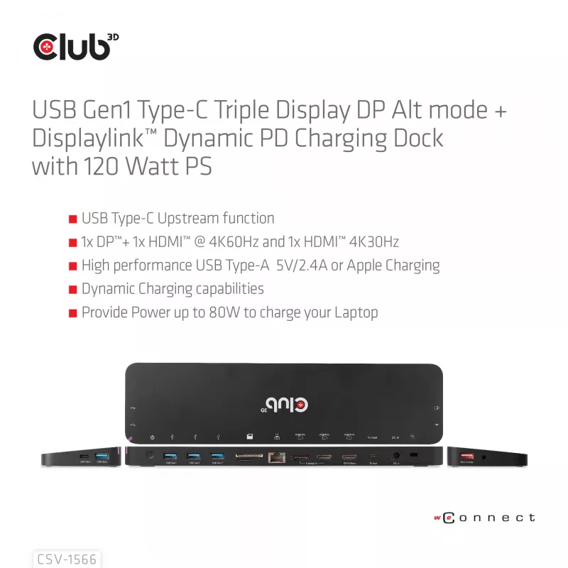 CLUB3D USB Gen1 Type-C Triple Display DP Alt Mode Displaylink Dynamic PD Charging Dock 120 watin virtalähteellä