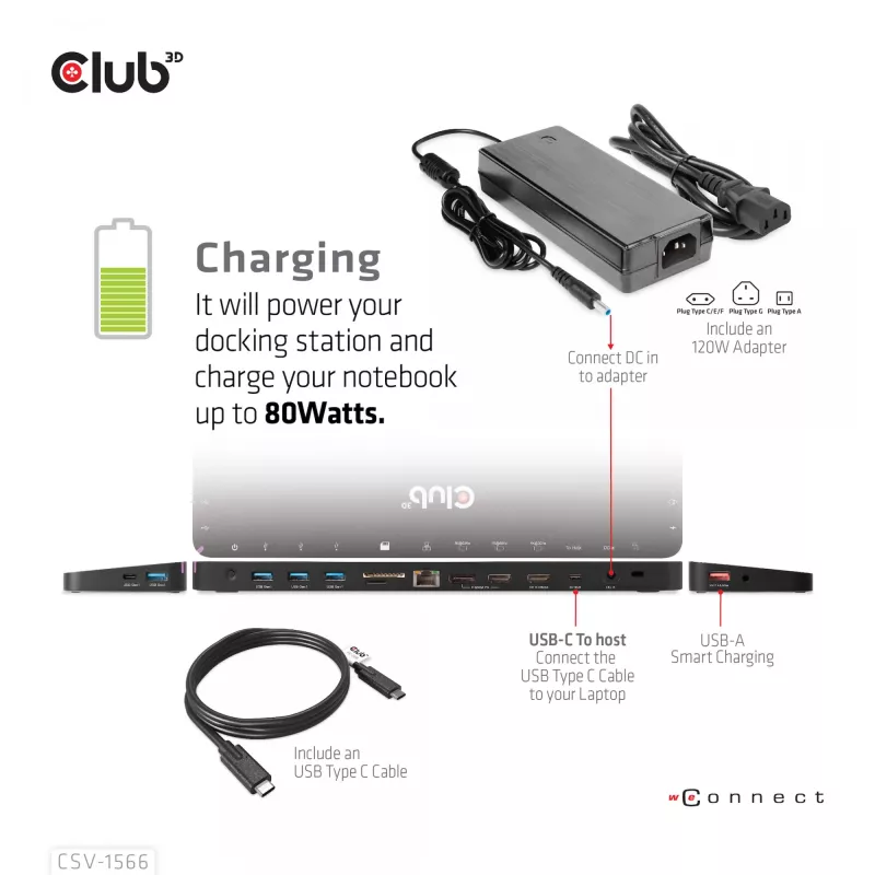 CLUB3D USB Gen1 Type-C Triple Display DP Alt Mode Displaylink Dynamic PD Charging Dock 120 watin virtalähteellä