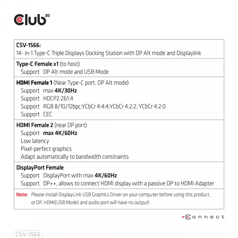 CLUB3D USB Gen1 Type-C Triple Display DP Alt Mode Displaylink Dynamic PD Charging Dock 120 watin virtalähteellä