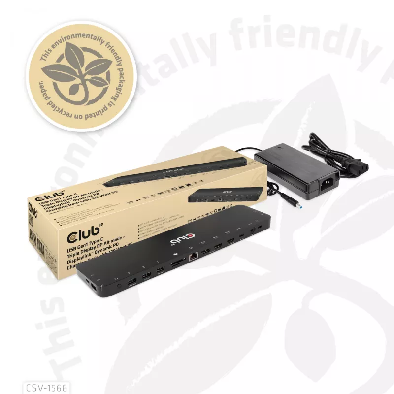 CLUB3D USB Gen1 Type-C Triple Display DP Alt Mode Displaylink Dynamic PD Charging Dock 120 watin virtalähteellä