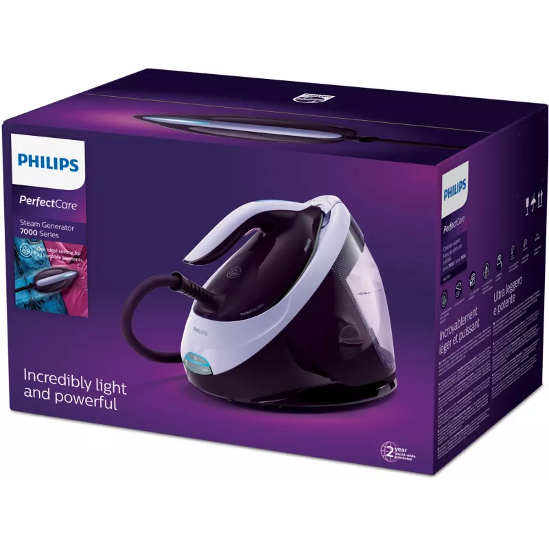 Philips PerfectCare PSG7050/30 höyrygeneraattorilla varustettu silitysrauta, 2100 W, 1,8 l vesisäiliö, 8 bar, 120 g/min jatkuva höyry, 600 g/min höyrysuihku, violetti