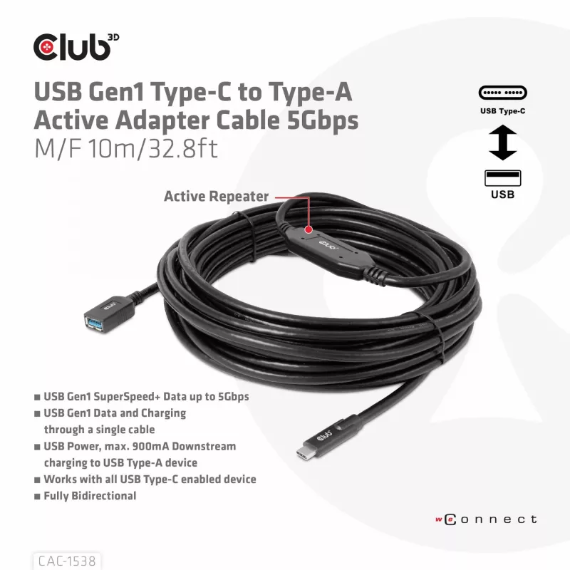 Club 3D CAC-1538 USB-C – USB-A aktiivikaapeli, USB 3.2 Gen1 5 Gbps, uros–naaras, 10 m, musta
