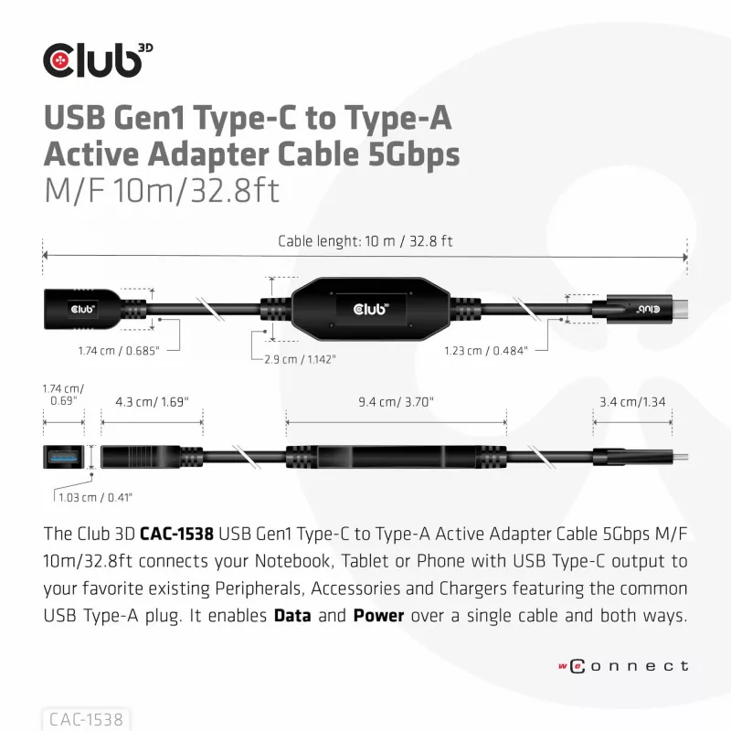 Club 3D CAC-1538 USB-C – USB-A aktiivikaapeli, USB 3.2 Gen1 5 Gbps, uros–naaras, 10 m, musta
