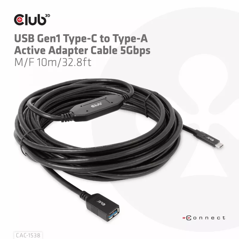 Club 3D CAC-1538 USB-C – USB-A aktiivikaapeli, USB 3.2 Gen1 5 Gbps, uros–naaras, 10 m, musta