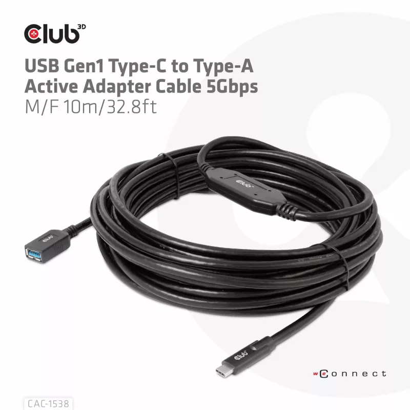 Club 3D CAC-1538 USB-C – USB-A aktiivikaapeli, USB 3.2 Gen1 5 Gbps, uros–naaras, 10 m, musta