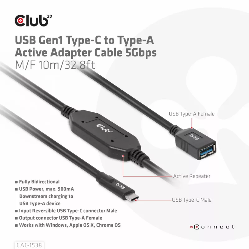 Club 3D CAC-1538 USB-C – USB-A aktiivikaapeli, USB 3.2 Gen1 5 Gbps, uros–naaras, 10 m, musta