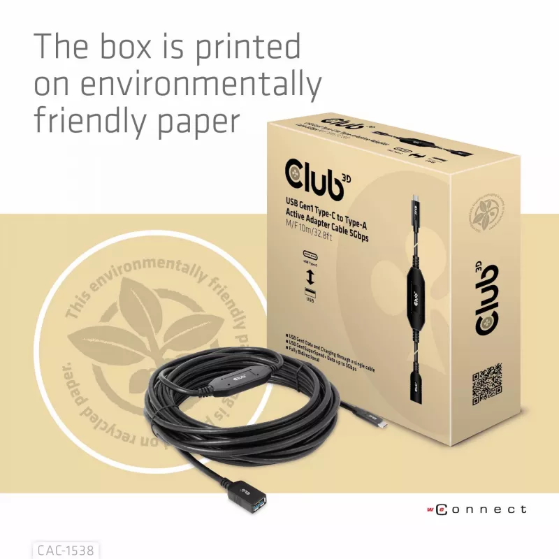 Club 3D CAC-1538 USB-C – USB-A aktiivikaapeli, USB 3.2 Gen1 5 Gbps, uros–naaras, 10 m, musta