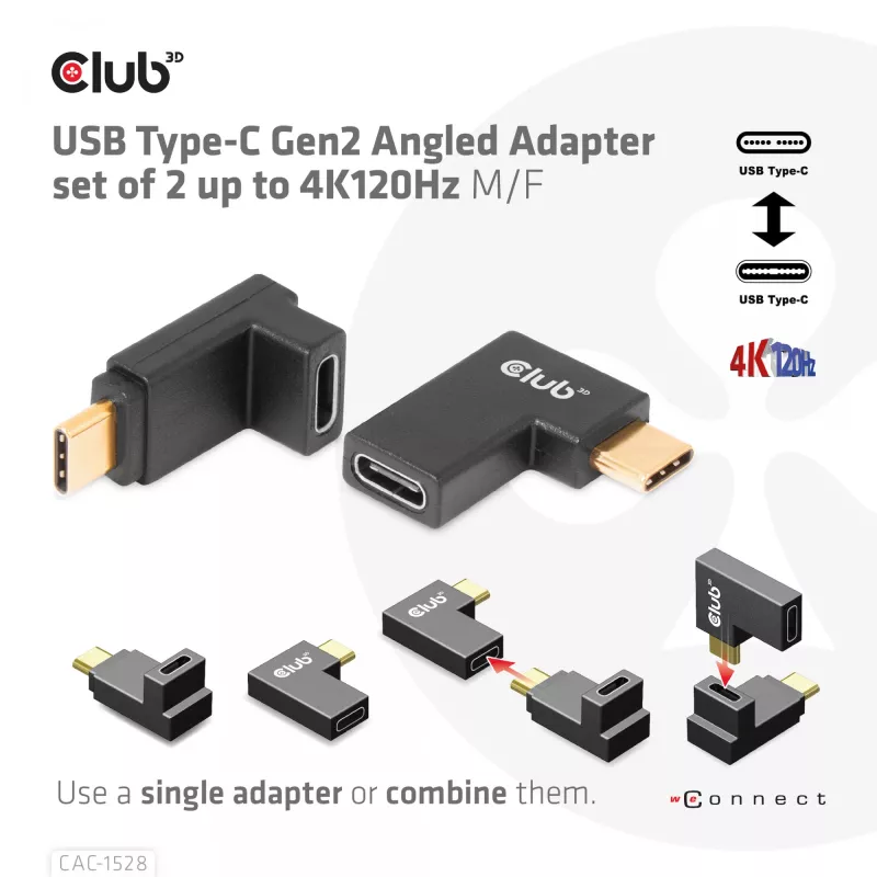 USB Type-C Gen2 kulma-adapterisarja, 2 kpl CLUB3D CAC-1528 — USB-C–USB-C, tukee 4K@120Hz