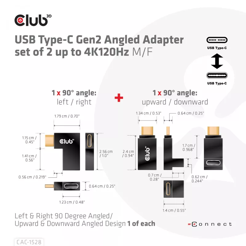 USB Type-C Gen2 kulma-adapterisarja, 2 kpl CLUB3D CAC-1528 — USB-C–USB-C, tukee 4K@120Hz