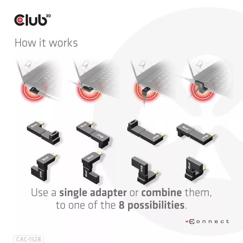 USB Type-C Gen2 kulma-adapterisarja, 2 kpl CLUB3D CAC-1528 — USB-C–USB-C, tukee 4K@120Hz