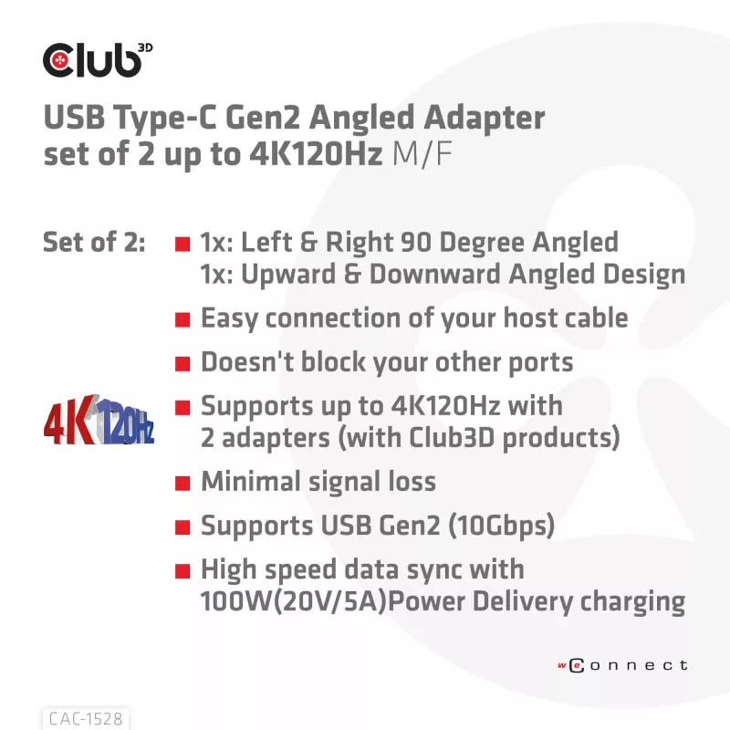 USB Type-C Gen2 kulma-adapterisarja, 2 kpl CLUB3D CAC-1528 — USB-C–USB-C, tukee 4K@120Hz