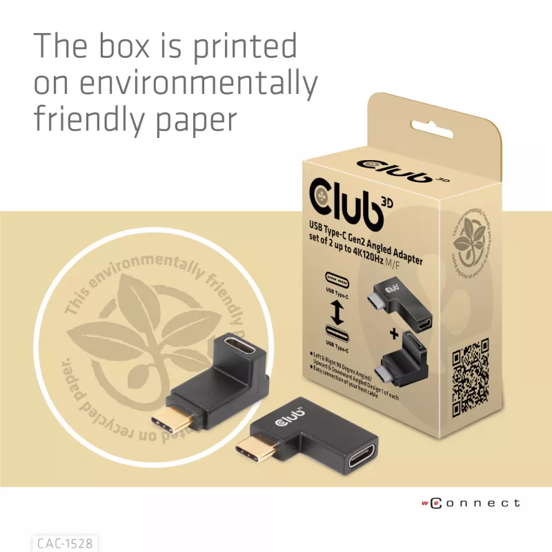 USB Type-C Gen2 kulma-adapterisarja, 2 kpl CLUB3D CAC-1528 — USB-C–USB-C, tukee 4K@120Hz