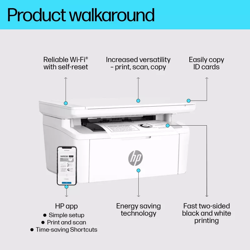 Monitoimilasertulostin HP LaserJet MFP M140w — mono, 20 ppm, 600×600 DPI, A4, Wi-Fi, Ethernet, valkoinen