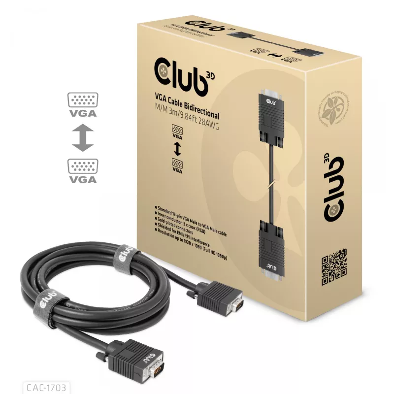 VGA-kaapeli, kaksisuuntainen, M/M, 3 m, 28AWG, CLUB3D CAC-1703