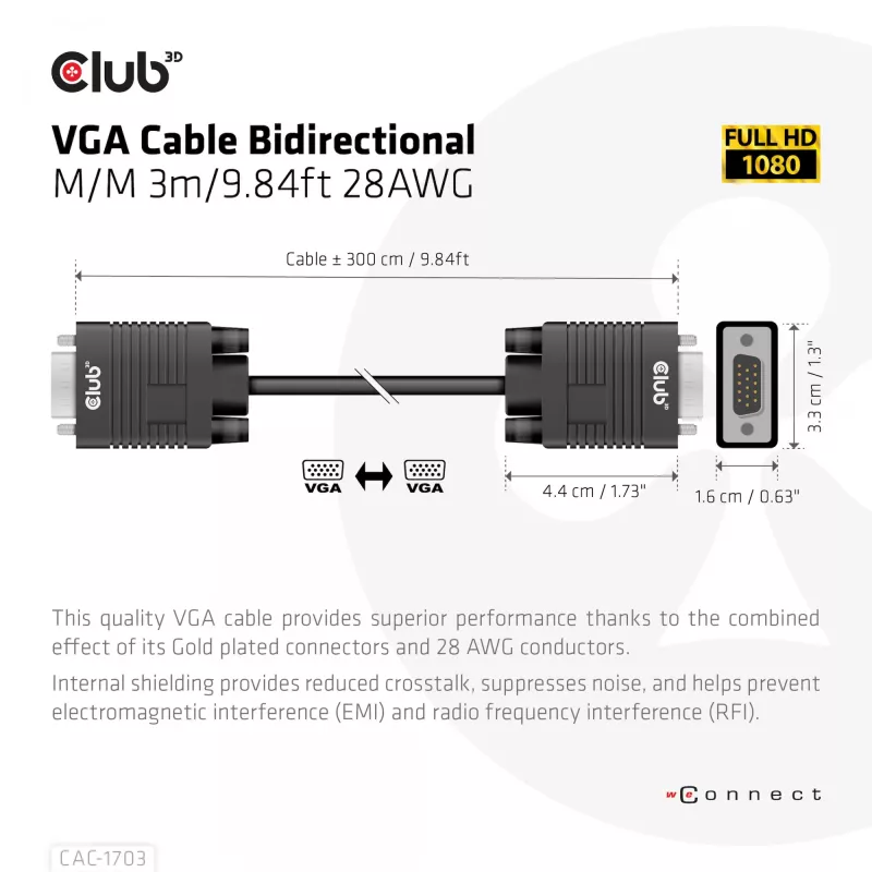VGA-kaapeli, kaksisuuntainen, M/M, 3 m, 28AWG, CLUB3D CAC-1703