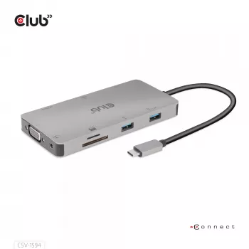 CLUB3D USB Gen1 Type-C 9-in-1-keskitin HDMI:llä, VGA:lla, 2x USB Gen1 Type-A, RJ45, SD/Micro SD-korttipaikoilla ja USB Gen1 Type-C-liitännällä
