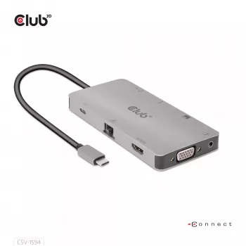 CLUB3D USB Gen1 Type-C 9-in-1-keskitin HDMI:llä, VGA:lla, 2x USB Gen1 Type-A, RJ45, SD/Micro SD-korttipaikoilla ja USB Gen1 Type-C-liitännällä