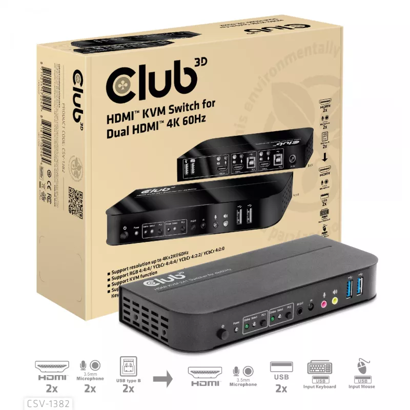 KVM-kytkin CLUB3D CSV-1382 Dual HDMI 4K 60Hz USB