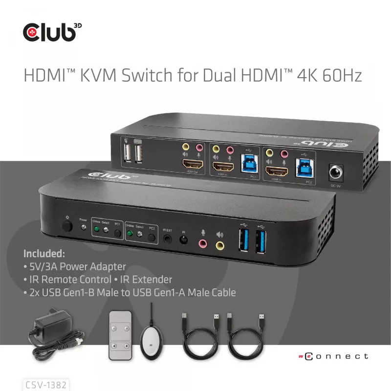 KVM-kytkin CLUB3D CSV-1382 Dual HDMI 4K 60Hz USB