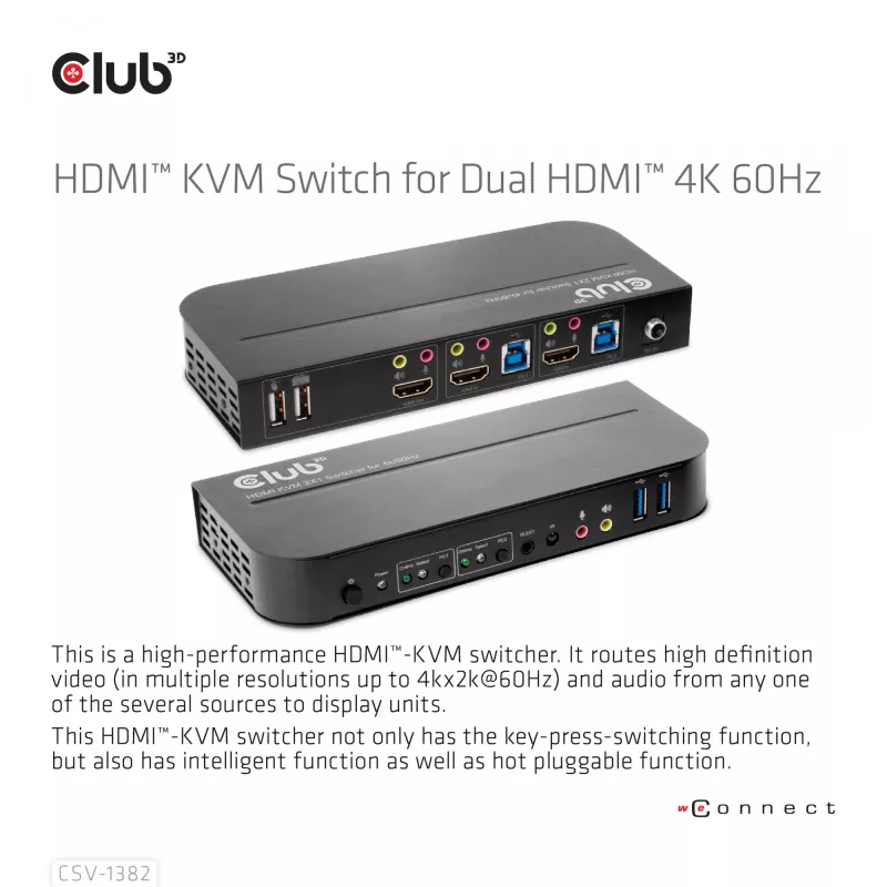 KVM-kytkin CLUB3D CSV-1382 Dual HDMI 4K 60Hz USB