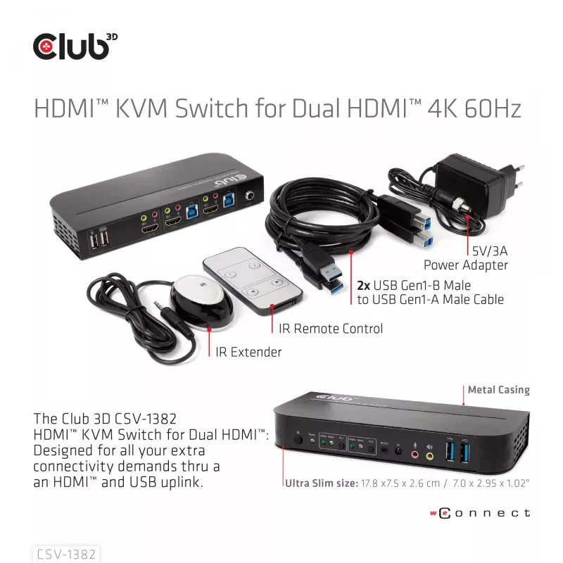 KVM-kytkin CLUB3D CSV-1382 Dual HDMI 4K 60Hz USB