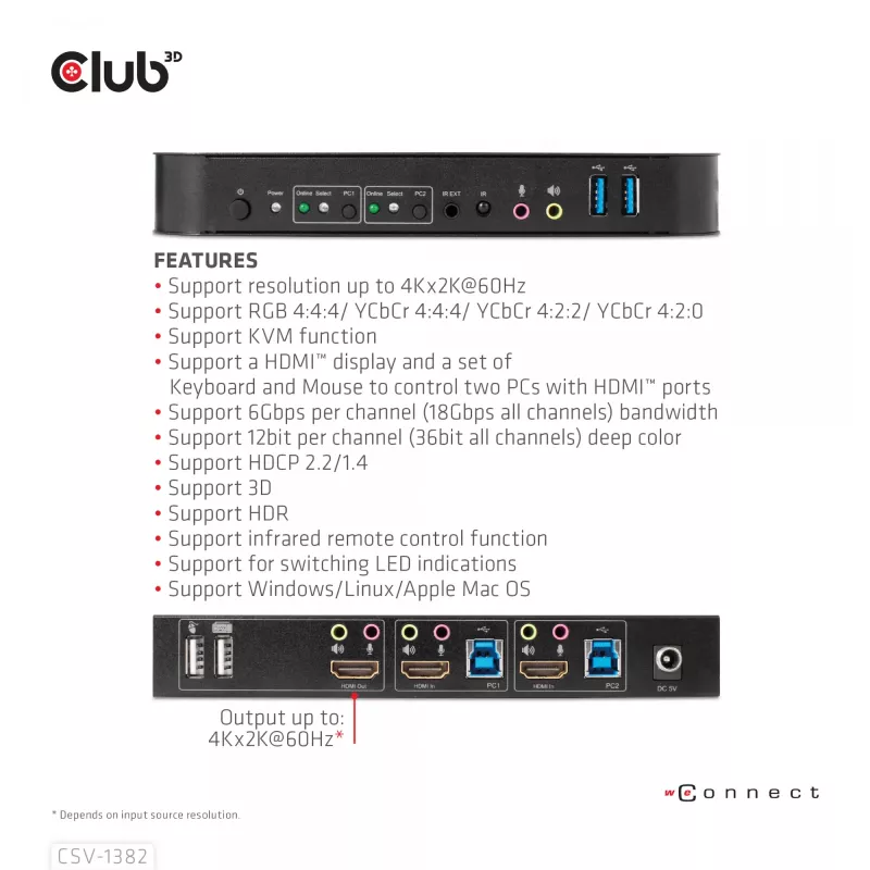 KVM-kytkin CLUB3D CSV-1382 Dual HDMI 4K 60Hz USB