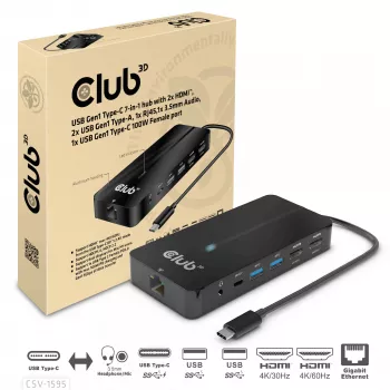 CLUB3D Type-C 7-in-1-keskitin, 2x HDMI, 2x USB Gen1 Type-A, 1x RJ45, 1x 3,5 mm audio, 1x USB Gen1 Type-C 100W liitäntä