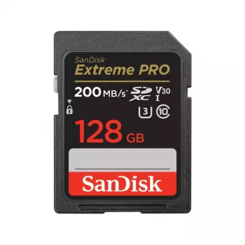 SDXC-muistikortti SANDISK Extreme PRO 128 GB UHS-I U3 V30 — 200 MB/s luku, 90 MB/s kirjoitus, Class 10