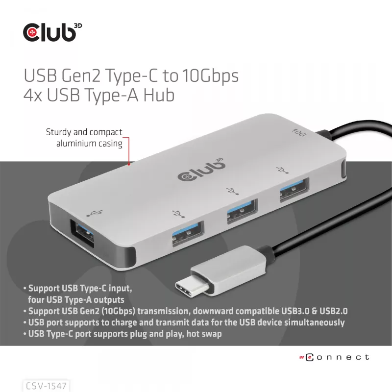 CLUB3D 4-porttinen USB-A-keskitin USB-C:lle – 10 Gbps nopea siirto