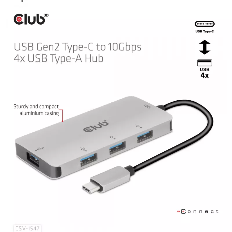 CLUB3D 4-porttinen USB-A-keskitin USB-C:lle – 10 Gbps nopea siirto