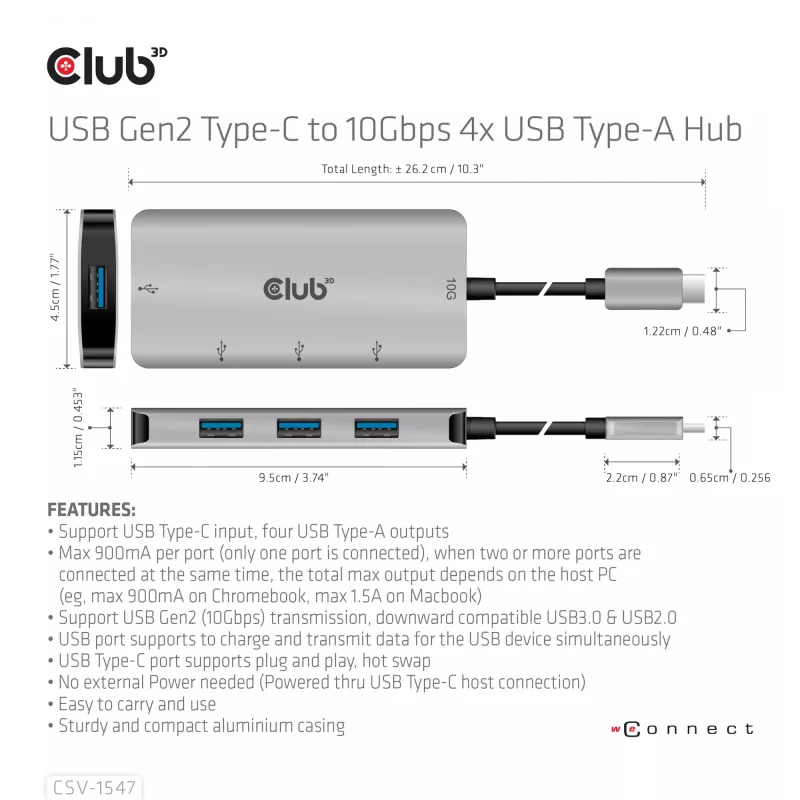 CLUB3D 4-porttinen USB-A-keskitin USB-C:lle – 10 Gbps nopea siirto