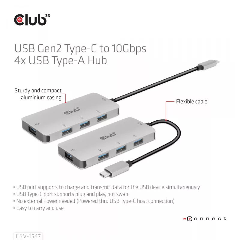 CLUB3D 4-porttinen USB-A-keskitin USB-C:lle – 10 Gbps nopea siirto