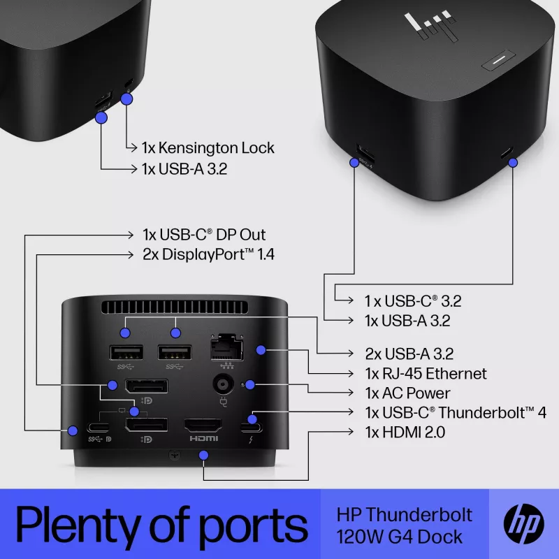 HP Thunderbolt Dock 120W G4, langallinen, Thunderbolt 4, musta, Kensington, Kiina, Thaimaa, Taiwan, Business