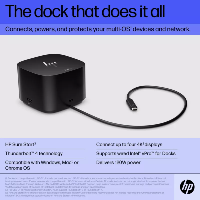 HP Thunderbolt Dock 120W G4, langallinen, Thunderbolt 4, musta, Kensington, Kiina, Thaimaa, Taiwan, Business