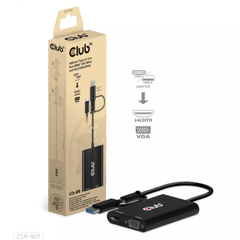 CLUB3D USB Gen1 Type-C/-A - Dual HDMI (4K/30Hz) / VGA (1080/60Hz)