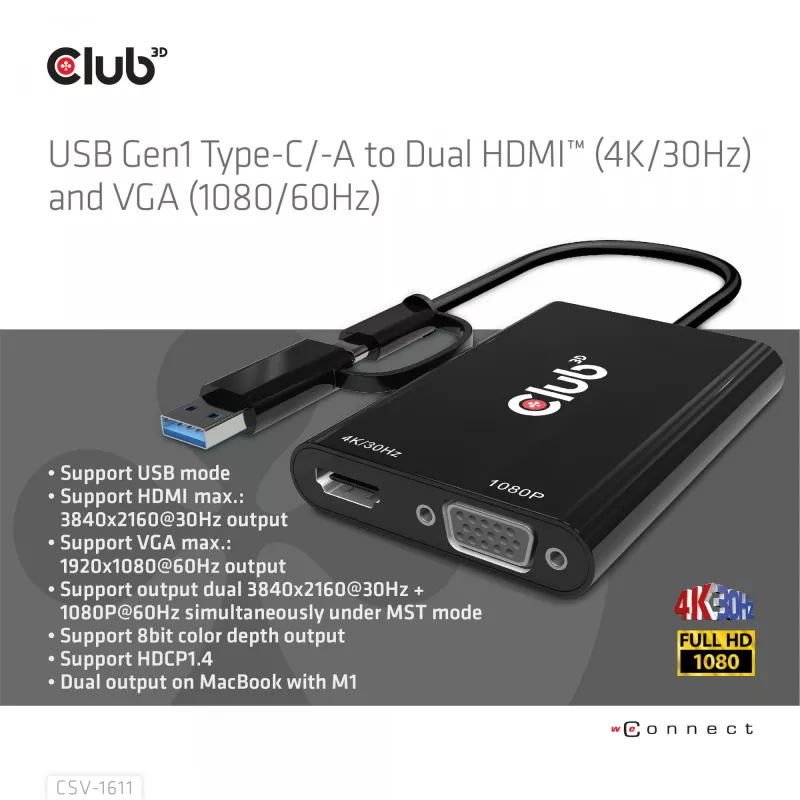 CLUB3D USB Gen1 Type-C/-A - Dual HDMI (4K/30Hz) / VGA (1080/60Hz)