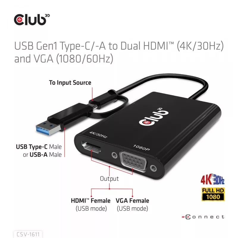 CLUB3D USB Gen1 Type-C/-A - Dual HDMI (4K/30Hz) / VGA (1080/60Hz)