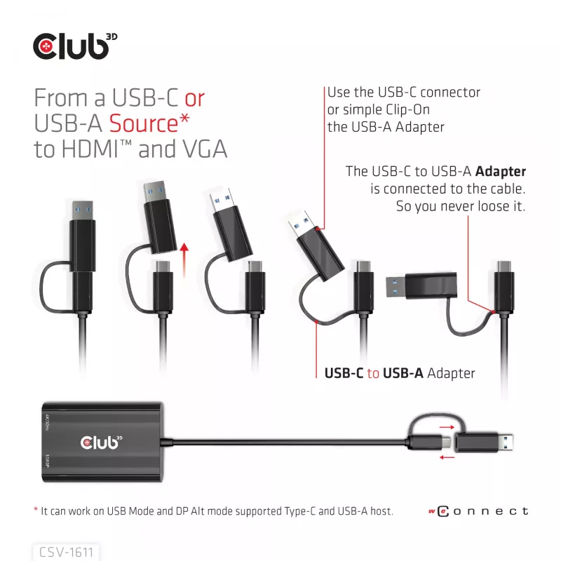CLUB3D USB Gen1 Type-C/-A - Dual HDMI (4K/30Hz) / VGA (1080/60Hz)
