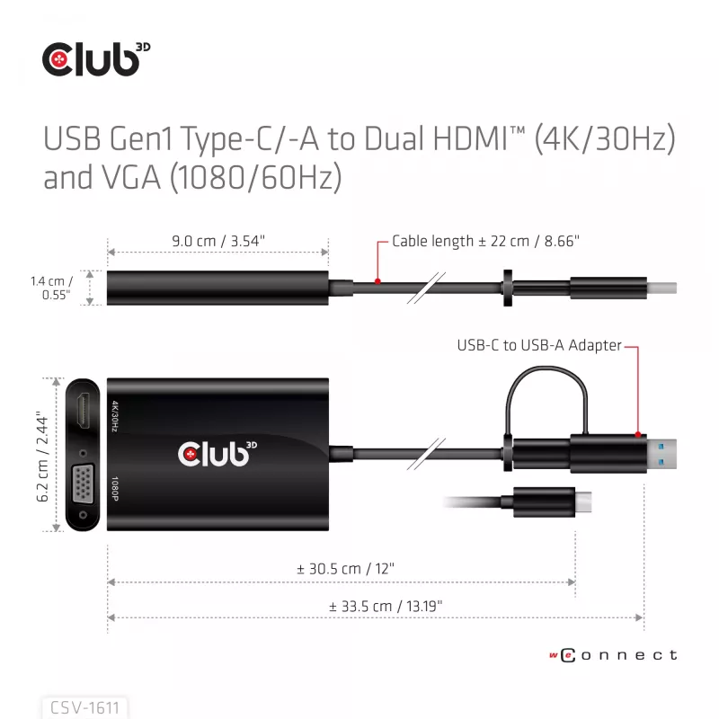 CLUB3D USB Gen1 Type-C/-A - Dual HDMI (4K/30Hz) / VGA (1080/60Hz)