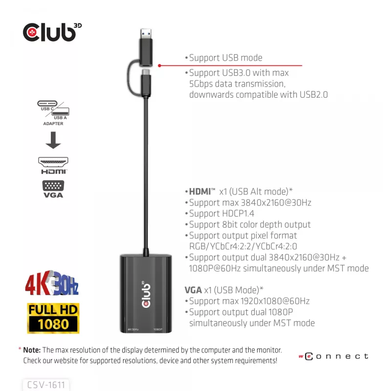 CLUB3D USB Gen1 Type-C/-A - Dual HDMI (4K/30Hz) / VGA (1080/60Hz)