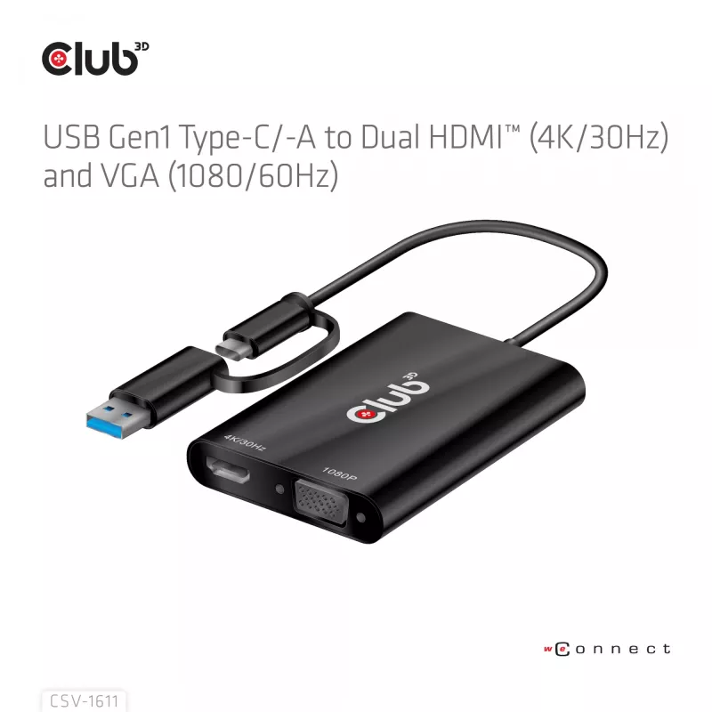 CLUB3D USB Gen1 Type-C/-A - Dual HDMI (4K/30Hz) / VGA (1080/60Hz)